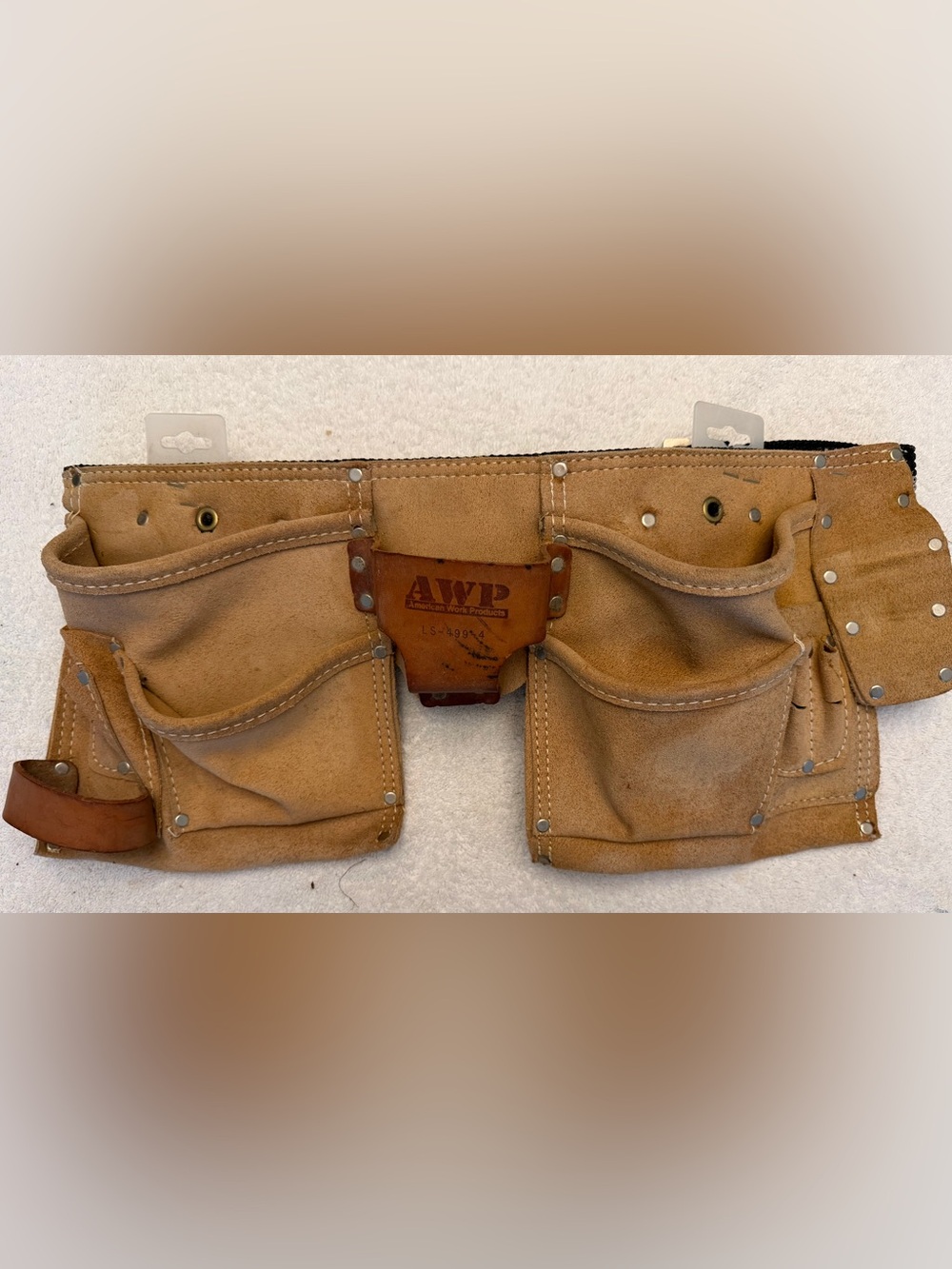 AWP Leather Tool Belt Carpenter Pouch Apron LS-499-4 Construction Brown NWT